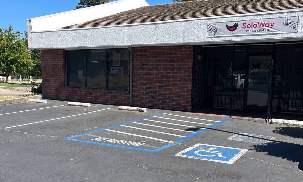 Studio entrance — SoloWay School of Music building at 5457 Diablo Drive, Sacramento; enter and turn left